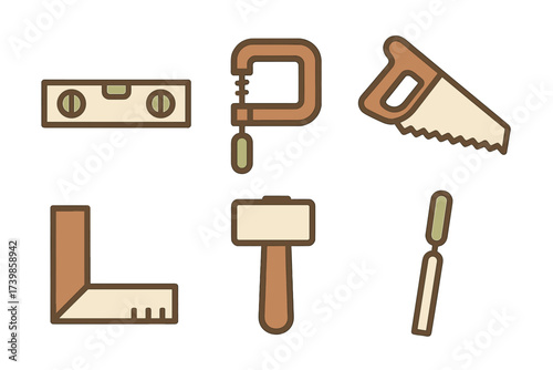 Essential carpentry and construction tools set: saw, level, clamp, mallet, and square