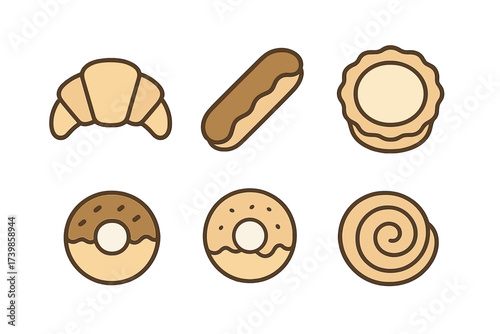 Collection of six sweet baked goods icons including croissant, donut, eclair, and cinnamon roll