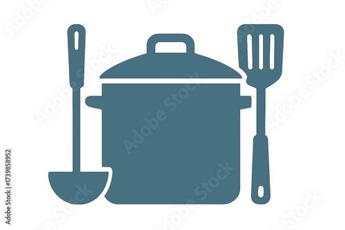 Monochromatic kitchen cooking utensils set featuring a pot, ladle, and spatula