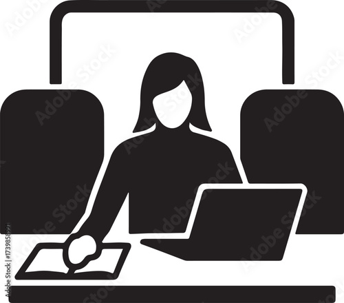 Silhouette of a woman working on a laptop and tablet in a modern office setting with a clean background