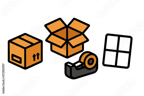 Set of shipping and packaging icons featuring cardboard boxes and tape dispenser