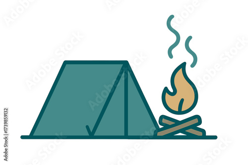 Minimalist camping tent pitched next to a burning campfire with rising smoke