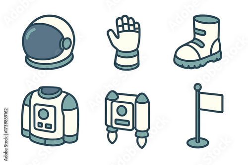 Collection of essential astronaut equipment and space exploration items