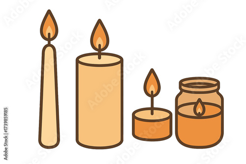 Set of burning candles including taper, pillar, tealight, and jar candle glowing warmly