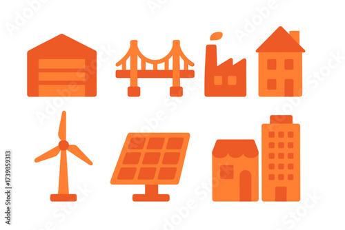 Flat design symbols of urban infrastructure and renewable energy sources in orange color