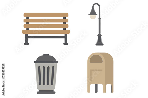 Essential public park and street furniture including bench, lamp, trash can, and mailbox