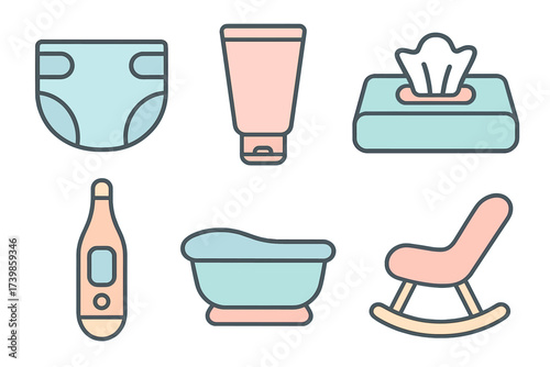 Set of essential newborn and infant care items presented as colorful flat icons