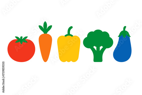 Fresh colorful vegetables lined up: tomato, carrot, bell pepper, broccoli, and eggplant