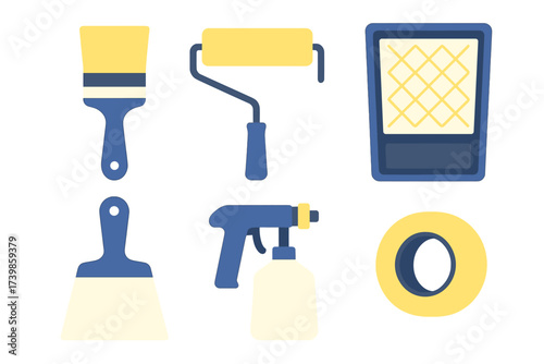 Set of various painting and decorating equipment including brushes, roller, and tape