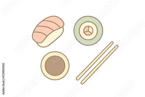 Minimalist set of Japanese sushi items: nigiri, maki roll, sauce dish, and chopsticks