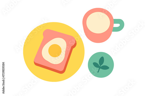 Stylized morning meal icons featuring toast with fried egg and hot beverage