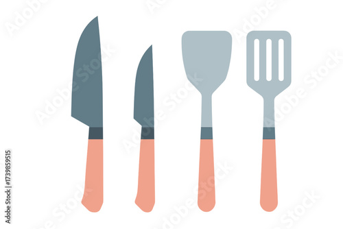 Essential kitchen tools set featuring knives and spatulas with modern pink and gray handles