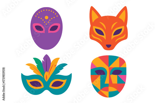 Brightly colored festive masks set for Mardi Gras and costume celebrations
