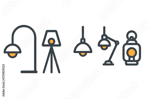 Assortment of home lighting icons including floor lamps, hanging lamps, desk lamps, and a lantern