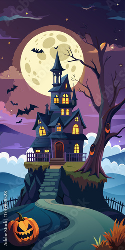 Halloween background with castle and bats