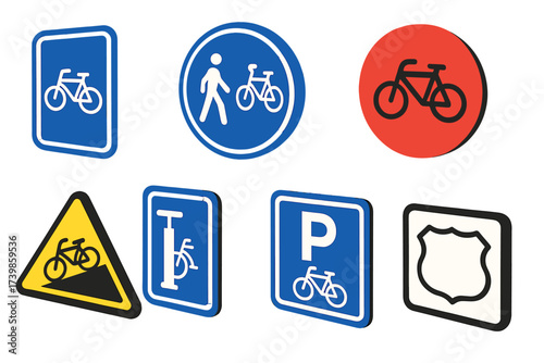 Collection of cycling and traffic signs including bicycle path, shared route, parking, and warning symbols