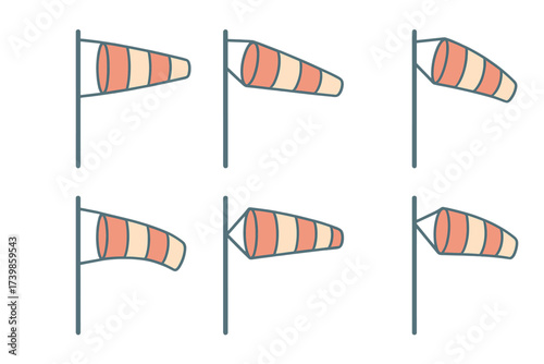 Set of six different windsocks indicating wind direction and speed at an airport or weather station