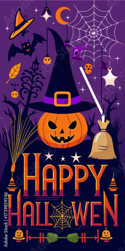 Cute Halloween cartoon background with pumpkins and witch hats and colorful characters on a purple background.
