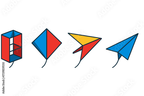 Colorful set of four flying kites in various shapes including box, diamond, and delta