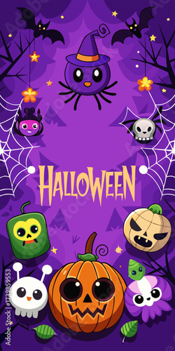 Cute Halloween Cartoon Illustration with Pumpkin, Spider, Bats and Colorful Characters on Purple Background
