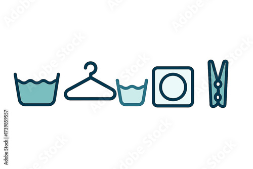 Collection of essential laundry care symbols including washing, drying, and hanging icons