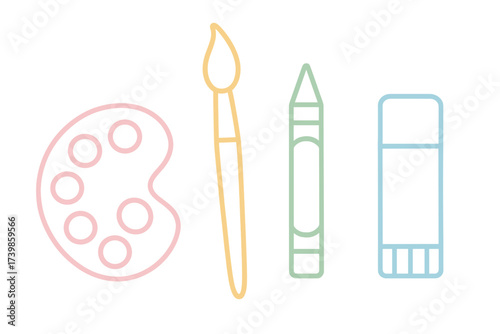 Pastel outline set of essential art and craft tools including palette, brush, and crayon