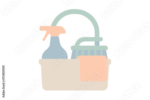 Essential household cleaning tools organized in a portable caddy including a spray bottle and brush