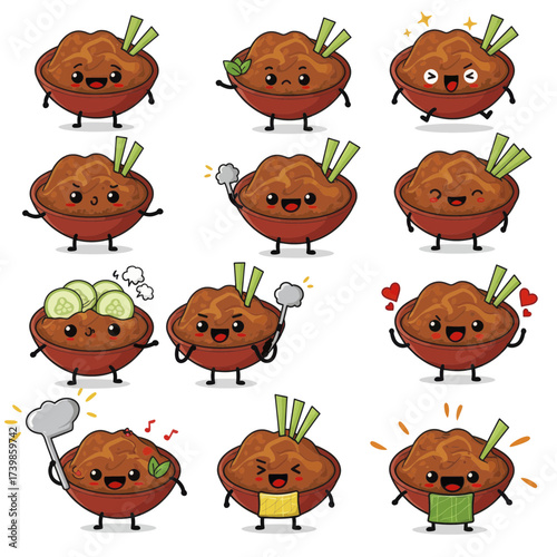 Cute Japanese miso paste bowl character set vector illustration.