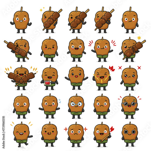 Set of cute tamarind fruit cartoon characters with various expressions.