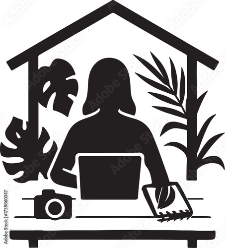 Silhouette of a woman working at a desk with a laptop camera and tablet surrounded by lush tropical plants inside a house outline
