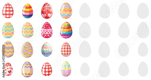 Colorful Easter eggs with painted decoration and pastel colors. Vector illustration of traditional spring holiday set