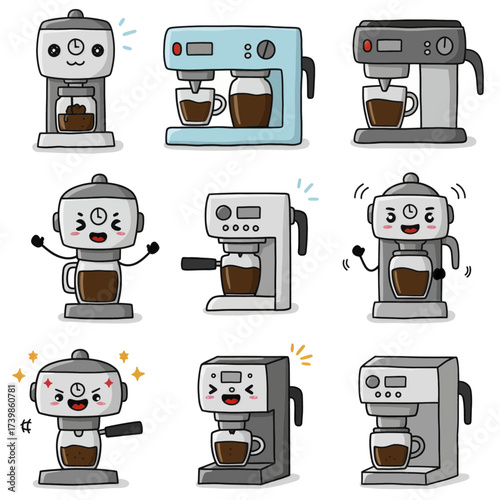 Cute coffee maker machine cartoon character collection set.