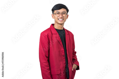 Portrait of smiling young asian college student wearing red almamater isolated on white background