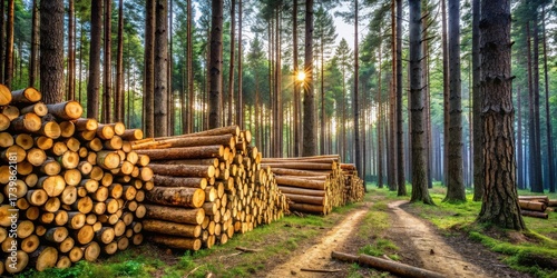 Sunlit Forest Path with Stacks of Timber Logs