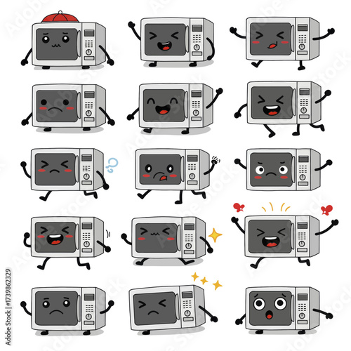 Set of cute microwave oven cartoon mascot characters with various expressions and poses.