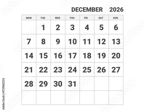 December 2026 calendar, weeks start on Monday, vector design 