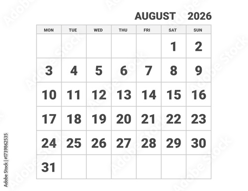 August 2026 calendar, weeks start on Monday, vector design 