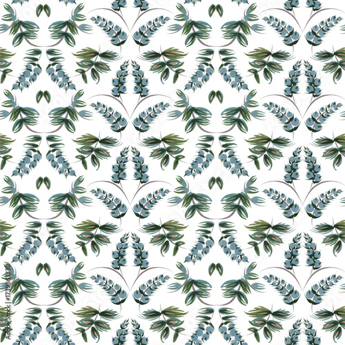 Vector floral damask seamless pattern from hand painted leaves and blue berries on a white background