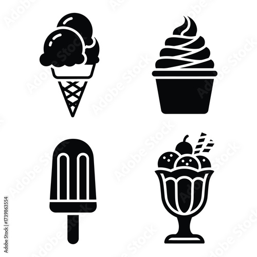 Collection of four stylized ice cream treats including cones sundaes popsicles and soft serve desserts perfect for summer silhouette