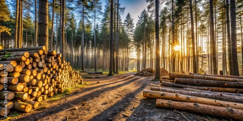 Golden Hour Timber Harvest in a Pine Forest with Sun Rays Illuminating the Stacked Logs and Forest Path