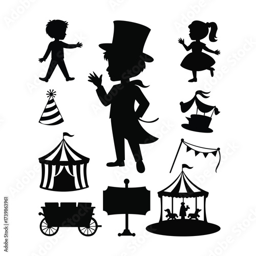 A carnival and circus themed silhouette collection featuring children, a ringmaster, tents, and a merry-go-round