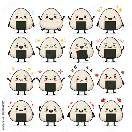 Collection of cute onigiri mascot characters with various expressions.