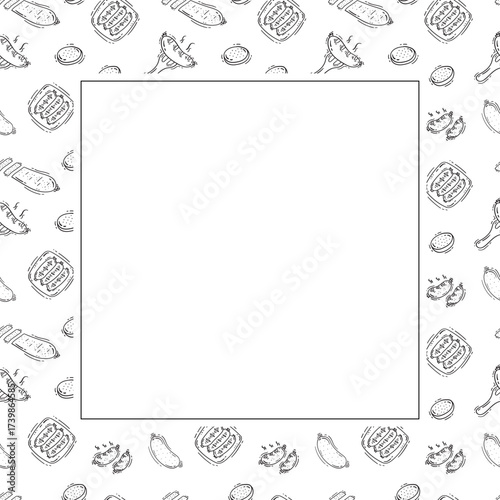 sausage frame. doodle grill sausage square frame. hand drawn sausage frame background. grill sausage background