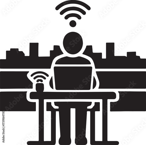 Silhouette of a person working on a laptop with wireless signals emanating from their head and device against a city skyline background