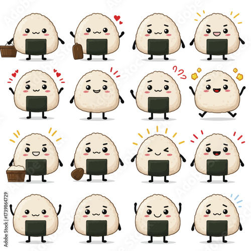 Cute Onigiri Japanese Rice Ball Character Mascot Set.