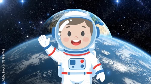 Cartoon Astronaut Waving in Space - A cartoon astronaut is floating in space, waving with a big smile. Earth is in the background, with the starry cosmos surrounding it.