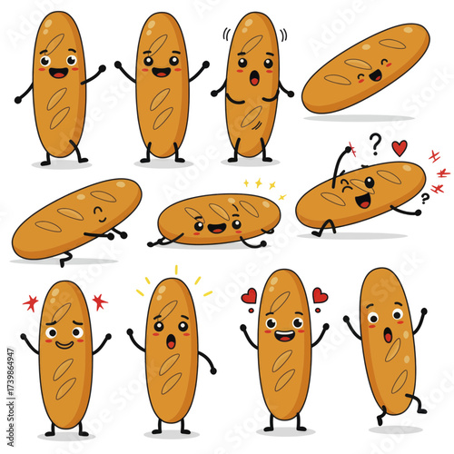 Cute baguette bread character set with various expressions.