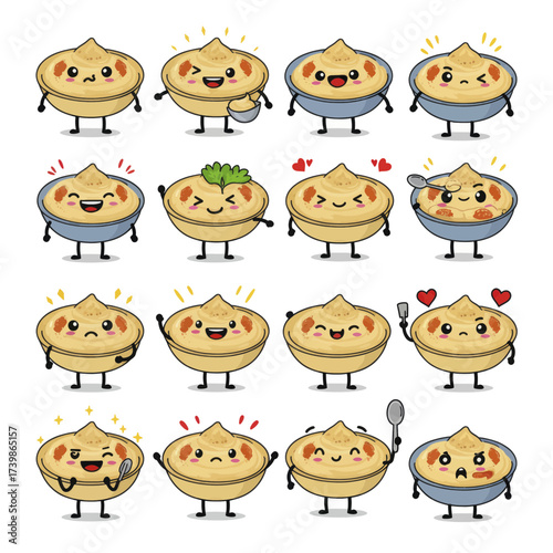 Set of cute hummus bowl cartoon mascot characters with various expressions and poses.