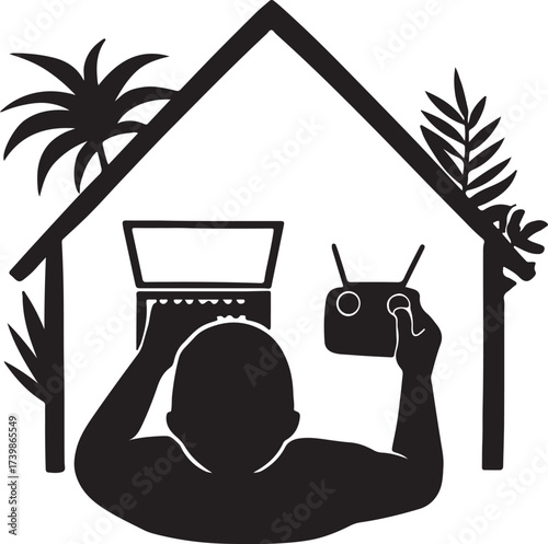 Silhouette of person working on laptop and operating drone controller inside a house with tropical plants