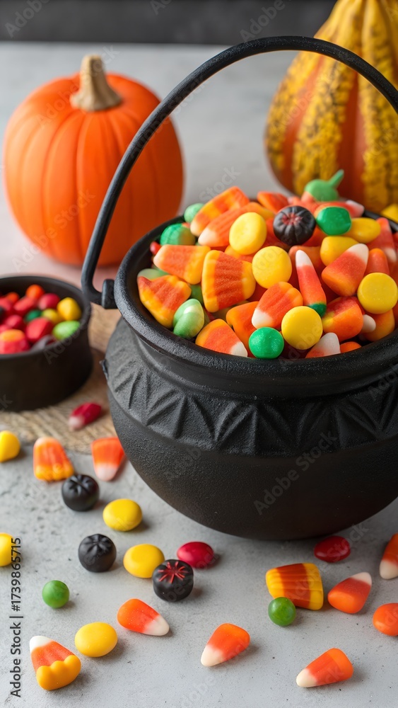 Naklejka premium A cauldron full of colorful halloween candies AI Generative